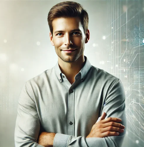 DALL·E 2024-12-03 22.24.03 - A professional, AI-generated portrait of a confident, friendly man with a modern corporate style. The person is standing with arms crossed, wearing a